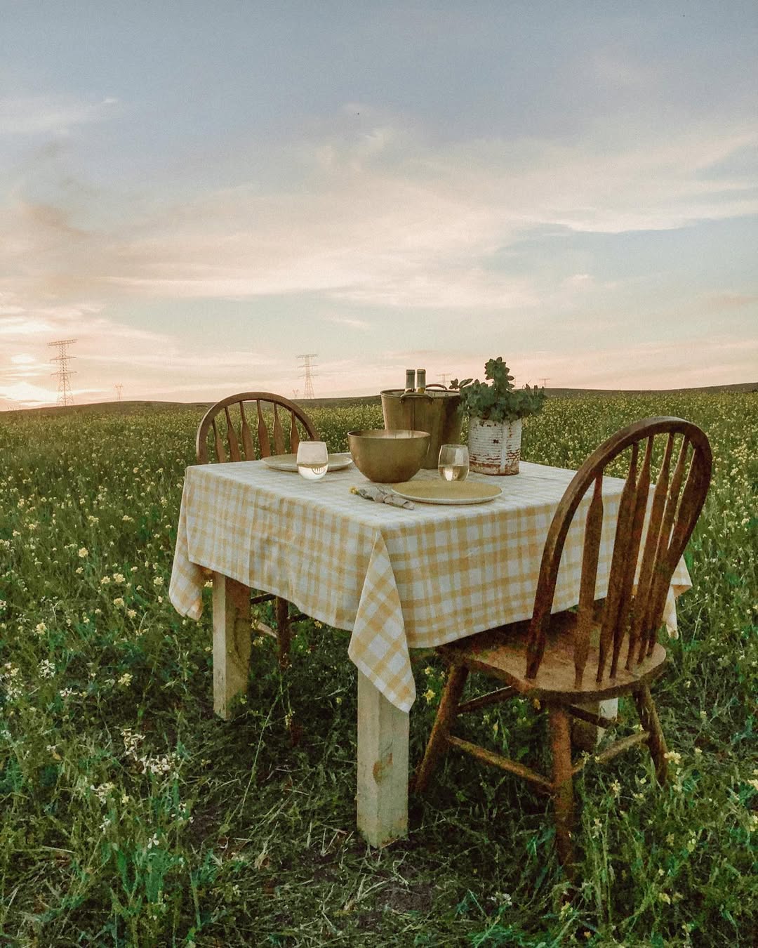 Mesa en el viñedo al atardecer